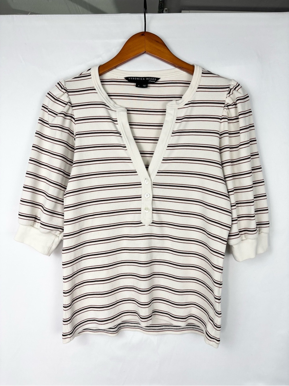 Veronica Beard Amity Top Stripe Parchment Cognac Multi Size M White Half Sleeve